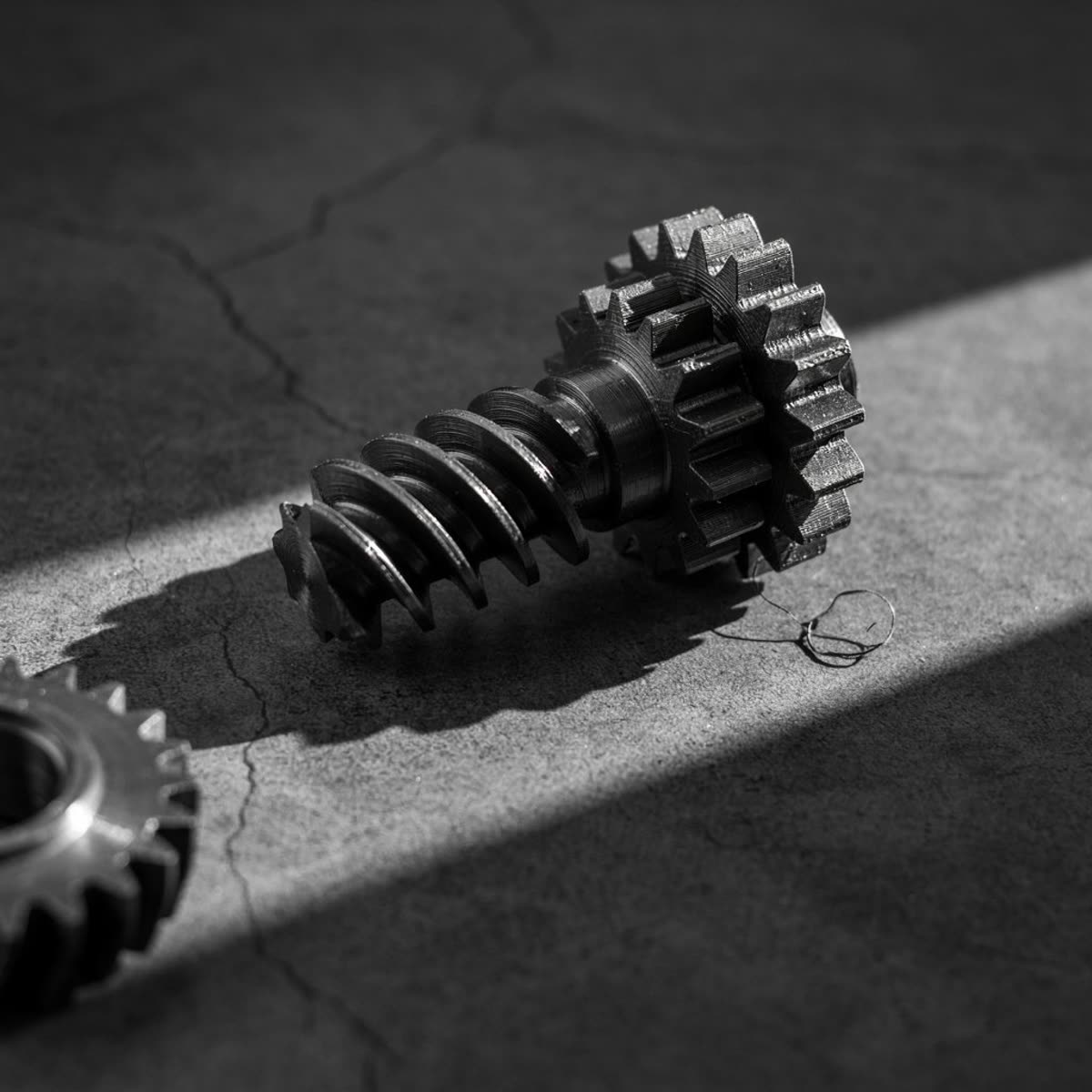 Engranaje y tornillo sinfín impresos en 3D, detalle de precisión