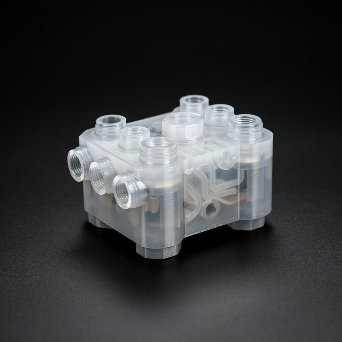 Manifold hidráulico impreso en resina, transparente con canales internos